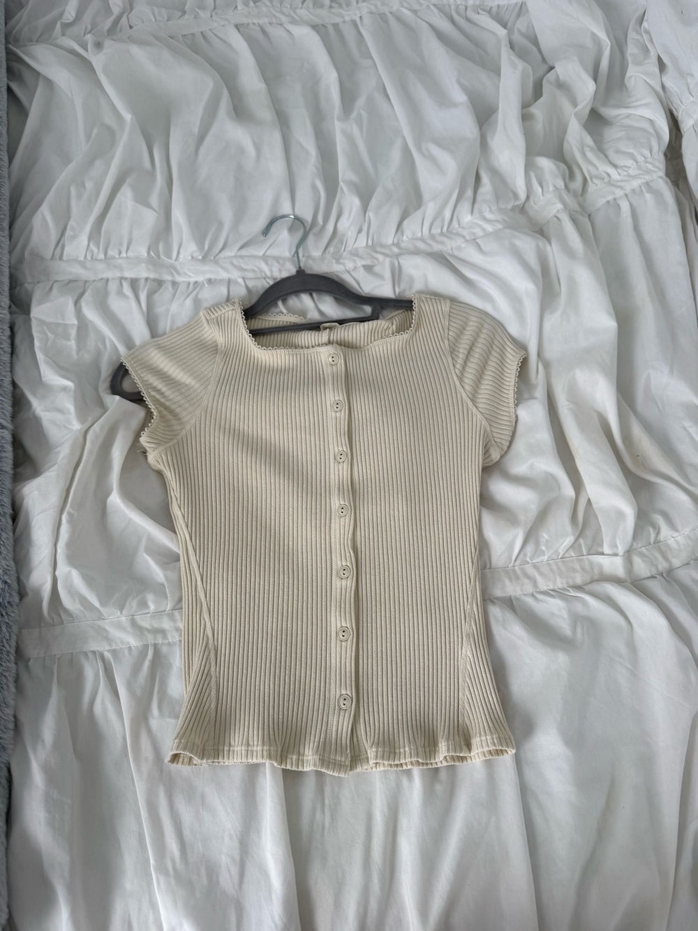Free People Ribbed Cap Sleeve Button-Up Top - Cream